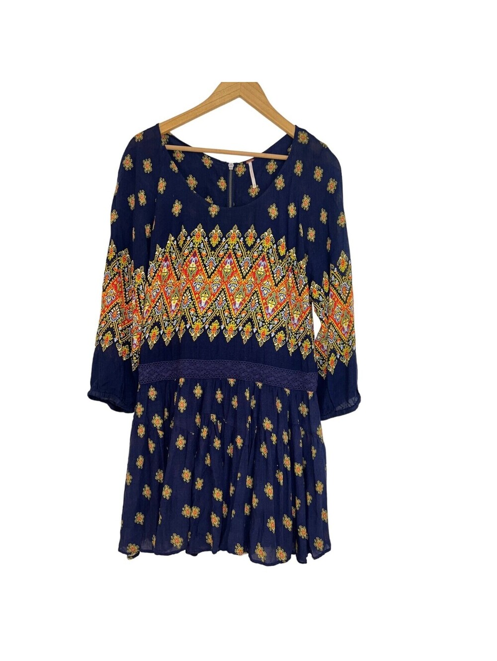 Free People Boho Navy crochet Floral Drop Waist knit tunic Dress pullover Sz XS